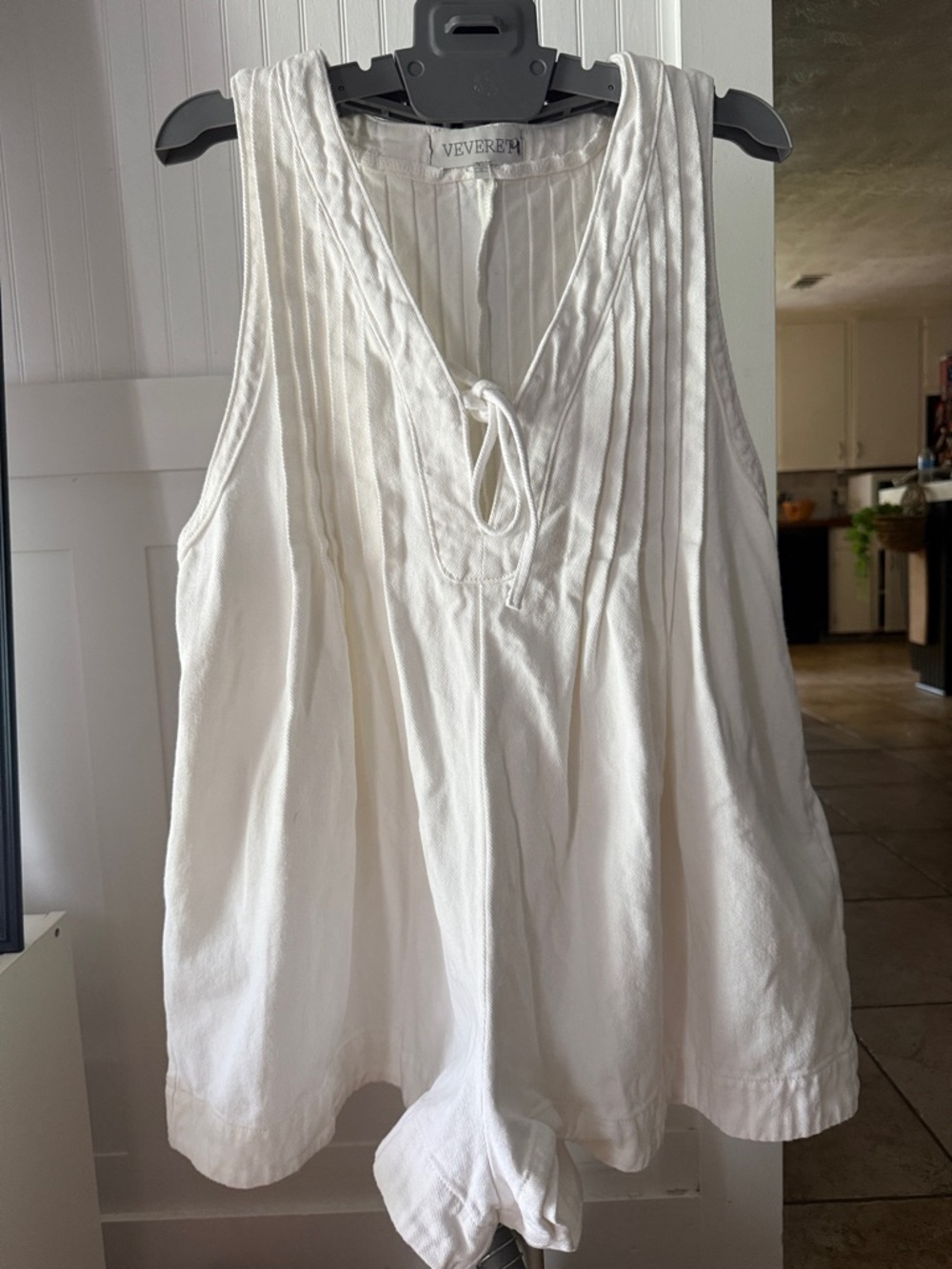 Vevevert White Denim Sleeveless Pintuck Tie-Front Romper